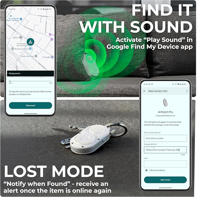 Rolling Square AirNotch Pro – Android Find Hub Only - Bluetooth Tracker Keychain, Replaceable Batteries, Loud 360° Sound, Anti-Loss Locator, Glow-in-The-Dark, Waterproof, White