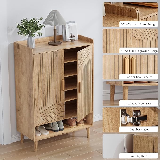 Shoe Cabinet with Doors, 6-Tier Shoe Storage Cabinet with Adjustable Shelves,Freestanding Shoes Rack Shoe Storage Organizer for Entryway, Hallway, Closet (Natural)