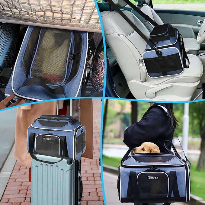 Petskd Top-Expandable Pet Carrier 18x13x9.5 Inches Southwest Airline Approved, Soft-Sided Carrier for Small Cats and Dogs with Locking Safety Zippers and Anti-Scratch Mesh(Blue)