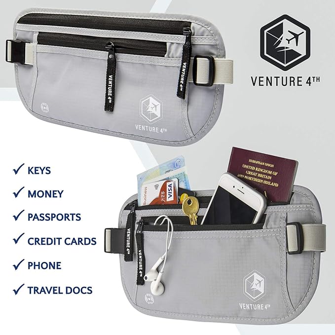 VENTURE 4TH Money Belt for Travel – Hidden Under-Clothes RFID Blocking Passport Holder & Slim Travel Wallet Pouch for Men & Women to Protect Cash, Cards & Documents (Silver)