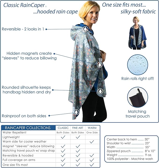 RainCaper Rain Poncho for Women - Reversible Rainproof Hooded Cape in Gorgeous Ultrasoft Colors (Black/Wm Morris Strawberry Thief)