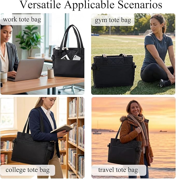 Puffer Tote Bag for Women, Work Bag with Cup Holder, Teacher Bag with Compartments, Quilted Tote Bag with Zipper for Travel