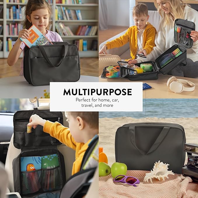 Kids Travel Organizer - Multi-Compartment, Water-Resistant Hanging Bag for Toys, Snacks, & Activities - Compact, Lightweight Design with Hook & Carry Handle - Perfect for Travel Use (Black, Large)