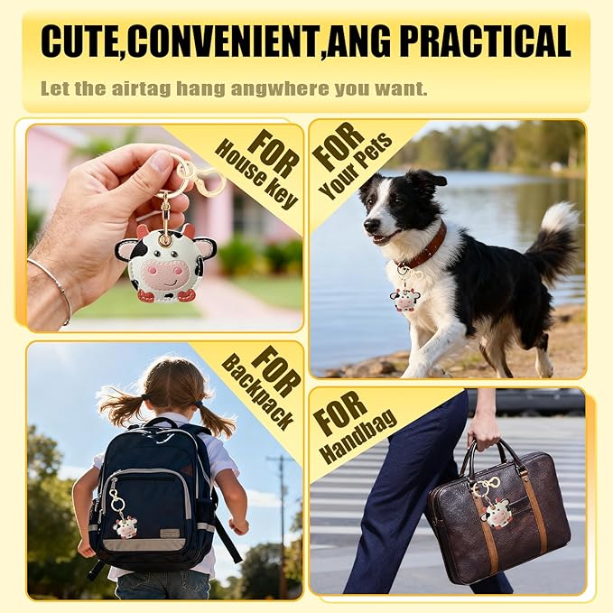 Leather Keychain for Airtag, Cute Protective Keychain Holder Compatible with Apple Air Tag,GPS Item Tracker Case Cover for Keys,Bags,Pets,Luggage(Cow)