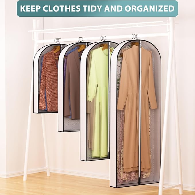 50” Garment Bags for Hanging Clothes 4” Gusseted - with Clear Window, Breathable Fabric, Metal Zipper, Suit Coat Long Dress Protector for Clothes Closet storage, Season Off, Moving, 5 Pack