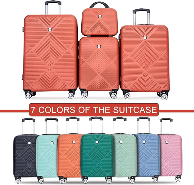 Luggage 4 Piece Set, Hardshell ABS Suitcase Set with Double Spinner Wheels, Lightweight Suitcase, Carry On and Checked Travel Luggage, Dark orange