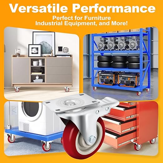 5 Inch Heavy Duty Caster Set of 4, Swivel Plate Castor Wheels with Dual Locking Brakes, Silent Polyurethane (PU) Wheels, 360 Rotation, 2800lbs Load Capacity