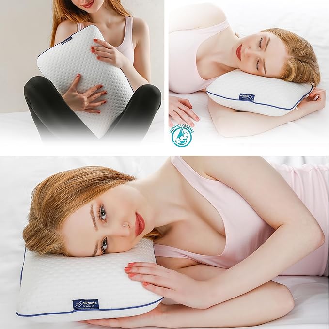 alkamto Travel & Camping Comfortable Memory Foam Pillow – Easy to Carry Portable Bag – Temperature Regulating Pillow Case (White)