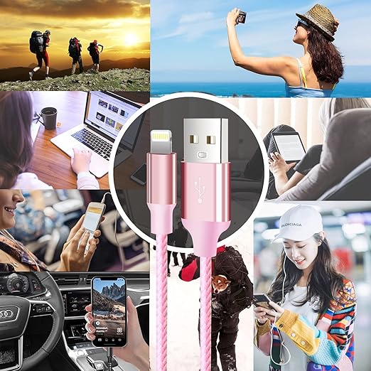 cugunu iPhone Charger, 5 Pack 3/3/6/6/10FT Apple MFi Certified USB Lightning Cable Nylon Braided Fast Charging Cord Compatible for iPhone 14/13/12/11/X/Max/8/7/6/5/SE/Plus/iPad - Pink