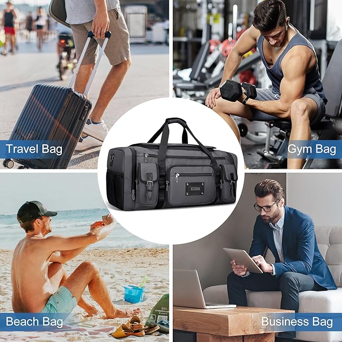 WITZMAN Duffle Bag for Men Large Carry On Weekender Bag 54L Nylon Duffle Gym Bags for Travel with Shoes Compartment(B717 Silvery Grey)