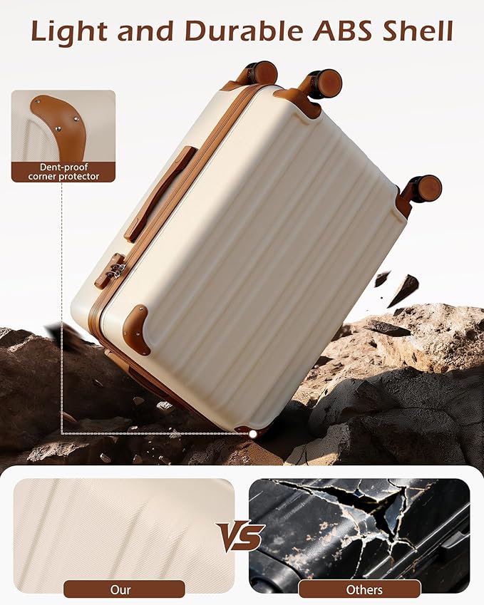 Coolife Luggage, Suitcase with Durable and Lightweight, Checked Luggage with ABS Hardshell, Dual Spinner Wheels, TSA Lock, and YKK Zipper (apricot white, M(24in))