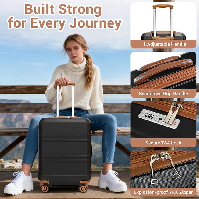 Kono Carry On Luggage 22x14x9 Airline Approved with Spinner Wheels,Lightweight PC+ABS 20 Inch Luggage with TSA Lock,Expandable Hard Shell Carry On Suitcases for Men Women,Black/Brown