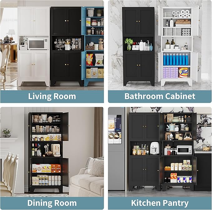 69" Tall Metal Kitchen Pantry Storage Cabinet with Microwave Stand | White | Modern Freestanding Food Buffet Cabinet | Kitchen Hutch | Coffee Bar Hutch for Dining & Living Room