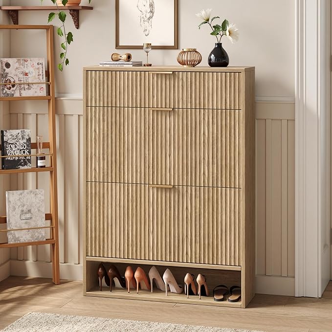 31.5''W Oak Shoe Storage Cabinet for Entryway with Drawers, Fluted Slim Shoe Cabinet with 2 Flip Drawers, Narrow Shoe Dresser Cabinet for Foyer, Hallway