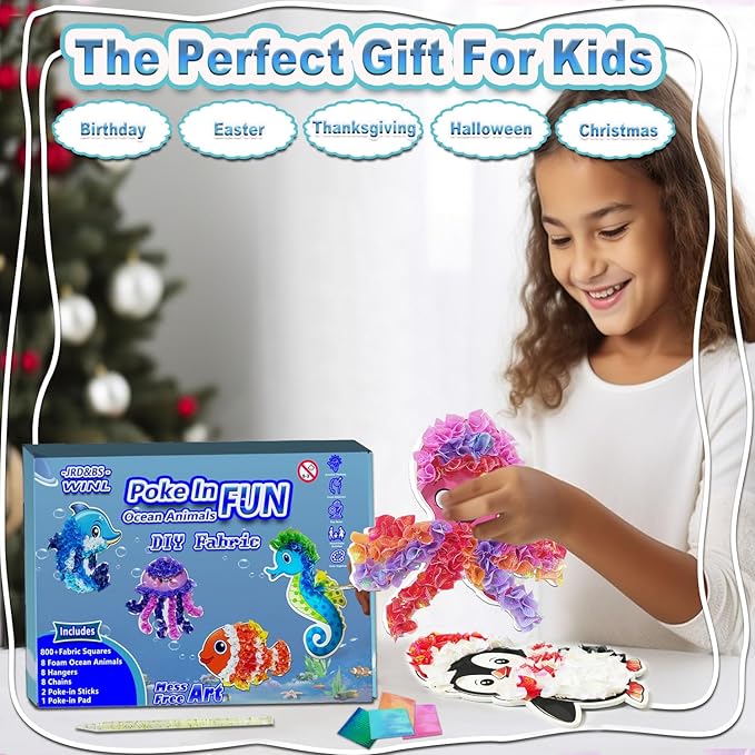 JRD&BS WINL Magical Ocean Animal Poke Art - Dolphin, Jellyfish, Seahorse, Turtle, Octopus, No-Mess Craft Kit for Kids 4-9,Marine Biology Learning Toy, Creative Gift for Preschoolers