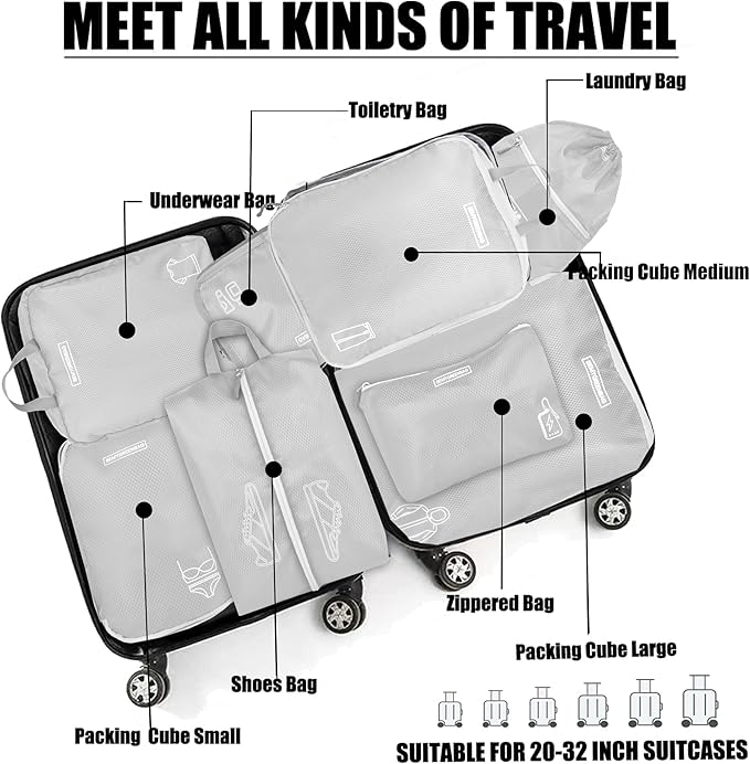 8 Set Expandable Compression Packing Cubes for Suitcases Travel Essentials Carry On Waterproof Storage Bag With Dry And Wet Separation Silvery