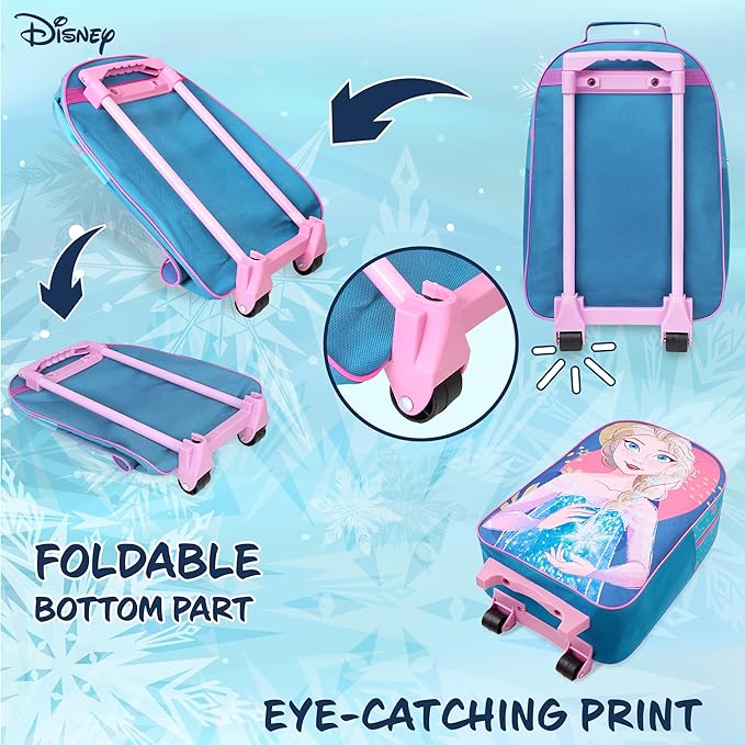 Disney Kids Rolling Luggage 16×11 in, 16‑L Carry‑On Suitcase with Wheels, Foldable Lightweight Travel Bag, Gifts for Kids (Blue Elsa)