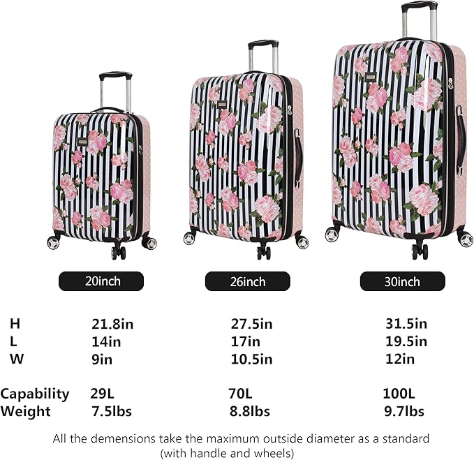 Betsey Johnson Designer Luggage Collection - Expandable 3 Piece Hardside Lightweight Spinner Suitcase Set (Stripe Roses)