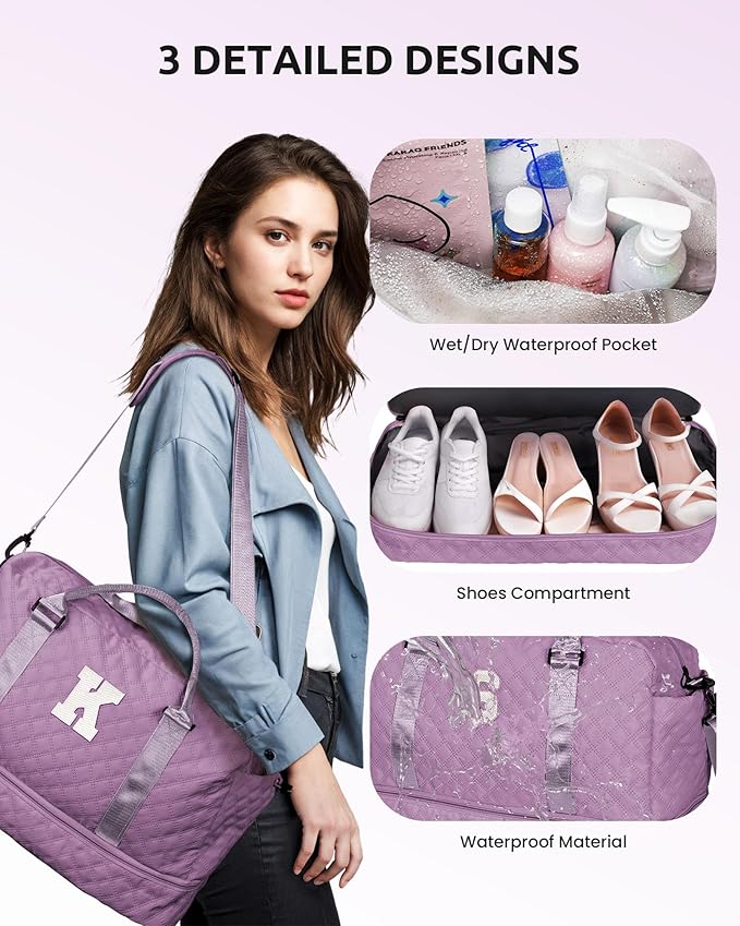 Weekender Bags for Women Travel, Personalized Weekender Bag with Shoulder Strap, Monogram Overnight Bag for Women with Trolley Sleeve & Wet Pocket, Letter Travel Bag (Letter J)