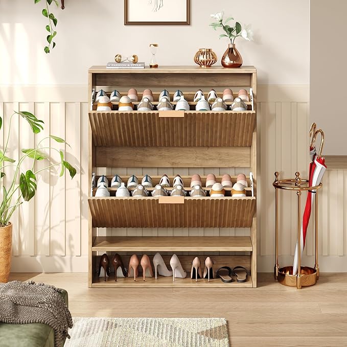 31.5''W Oak Shoe Storage Cabinet for Entryway with 2 Flip Drawers, Narrow Wood Fluted Shoe Rack Cabinet,Freestanding Slim Shoe Organizer Cabinet for Foyer, Hallway