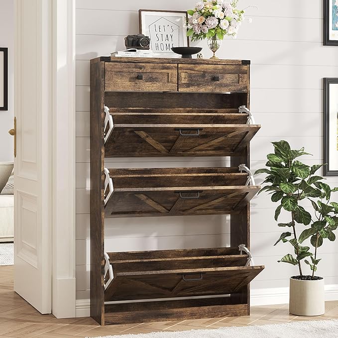 Shoe Cabinet with 3 Flip Drawers & 2 Drawers,Freestanding Shoe Storage Cabinet for Entryway,Farmhouse Narrow Slim Organizer Rack for Foyer,Hallway,Rustic Brown