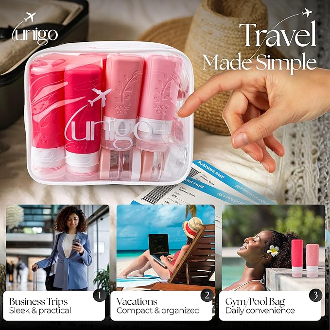 unigo 30 pack Full Set TSA Approved Travel Bottles, Travel Size Containers for Toiletries, Refillable Leakproof Travel Shampoo and Conditioner Bottles, Toiletry Containers,Extra Bottle Sleeves (Pink)