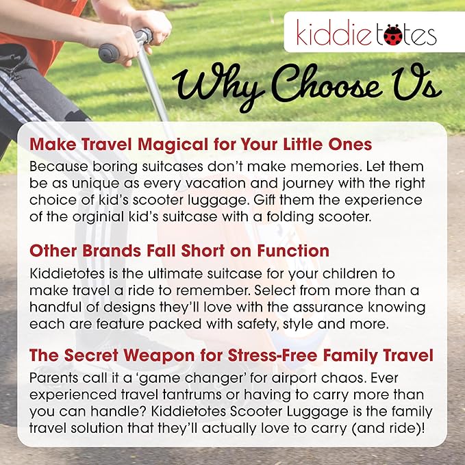 Kiddietotes 3-D Hardside Scooter Ride On Suitcase for Kids - Cute Lightweight Kids Luggage with Wheels - Fun LED Lights