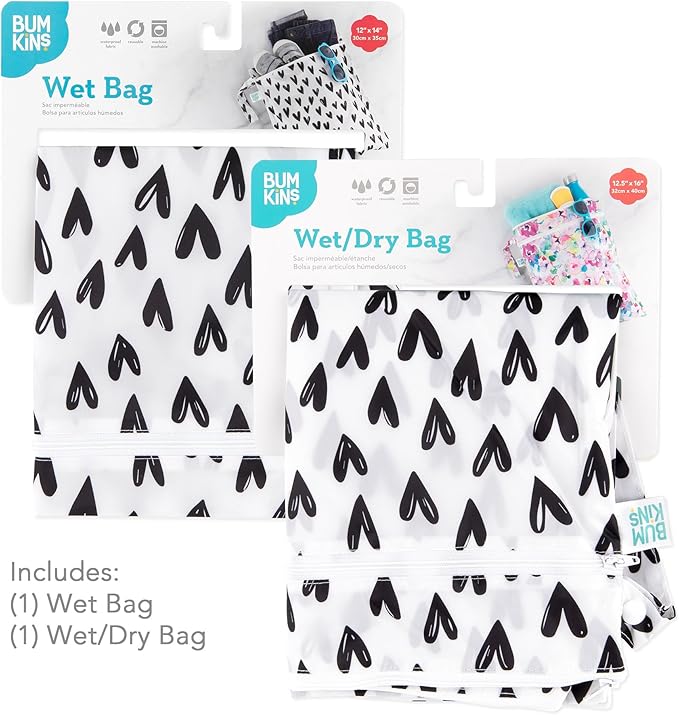 Bumkins - Waterproof Wet and Wetdry Bags - For Beach, Baby, Travel, Swim Suit, Cloth Diapers, Pump Parts, Pool, Gym, Toiletries - Reusable & Easy to Clean - Black Hearts - 2 Pack