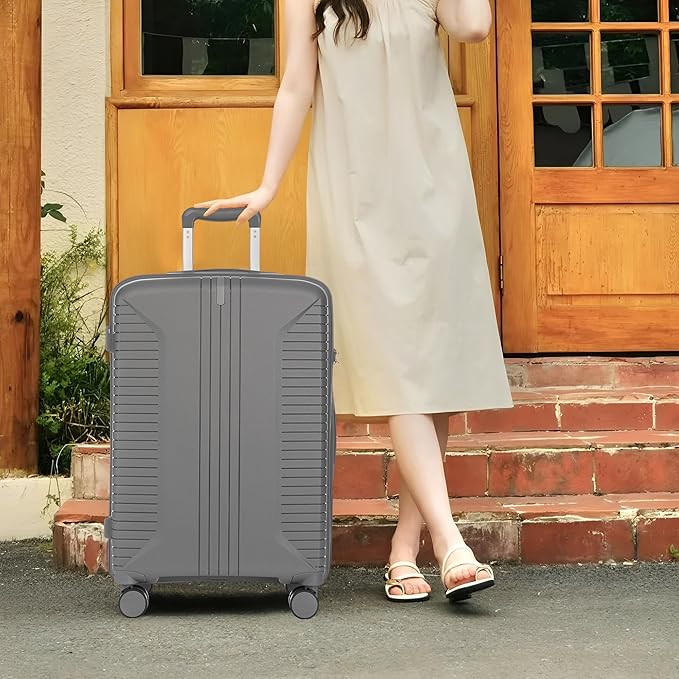 Campfun 3 Piece Luggage Sets, PP Suitcase Set with Double Spinner Wheels Hang Hook, Durable Carry On Luggage with Combination Lock, 20/24/28 inch, Grey