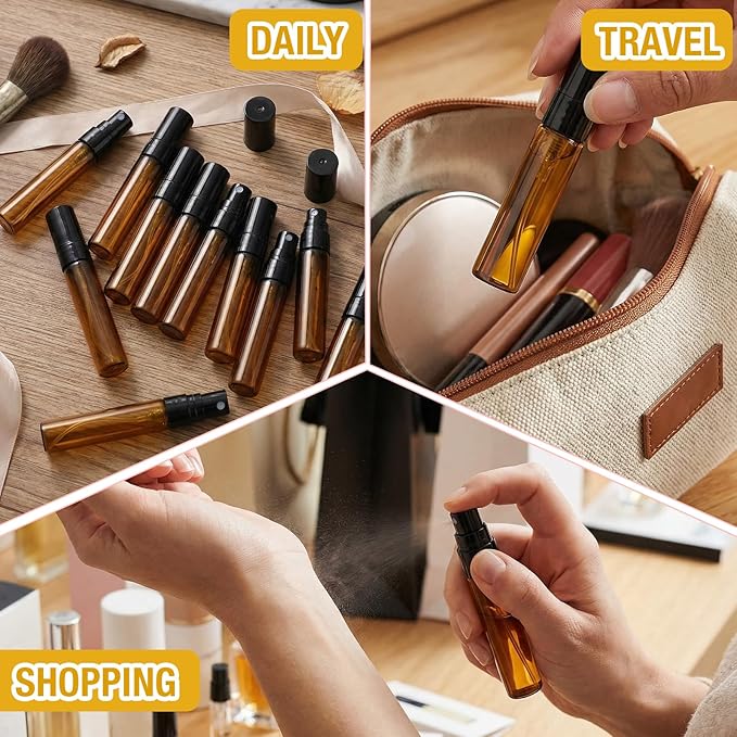 Tanlade 300 Pcs 5ml Mini Spray Bottles Brown Glass Perfume Atomizer Sprayer Bottles Portable Perfume Travel Refillable Bottle for Travel Pocket Dispenser Container
