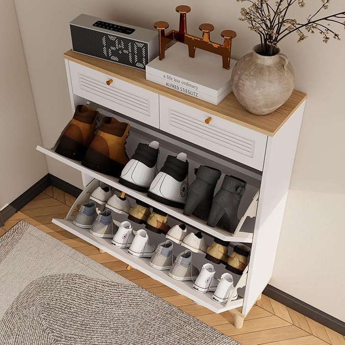 Spaco Shoe Storage Cabinet with 2 Flip Drawers for Entryway,Narrow Shoe Rack Organizer Cabinet with Oak Top and 2 Storage Drawers for Hallway,Entrance