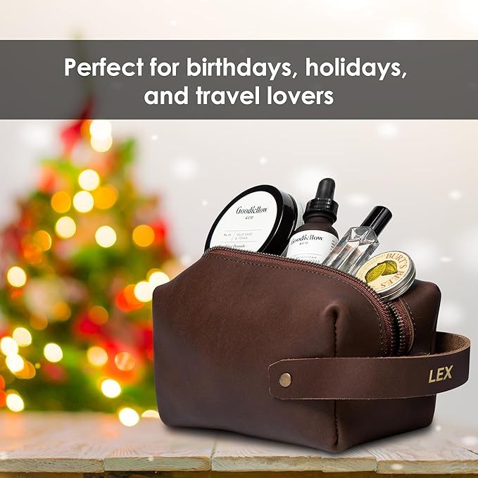 Northwind Personalized Leather Toiletry Bag – Full Grain Leather Dopp Kit for Men & Women – Handmade in the USA – Custom Debossed Engraved Initials, Travel Toiletry Bag for Gifts & Grooming Essentials