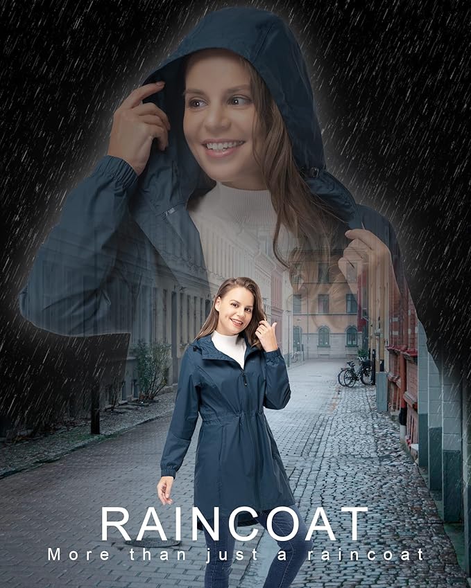 33,000ft Women's Waterproof Long Rain Coats Packable Rain Jacket with Hood Trench Coats Windbreaker