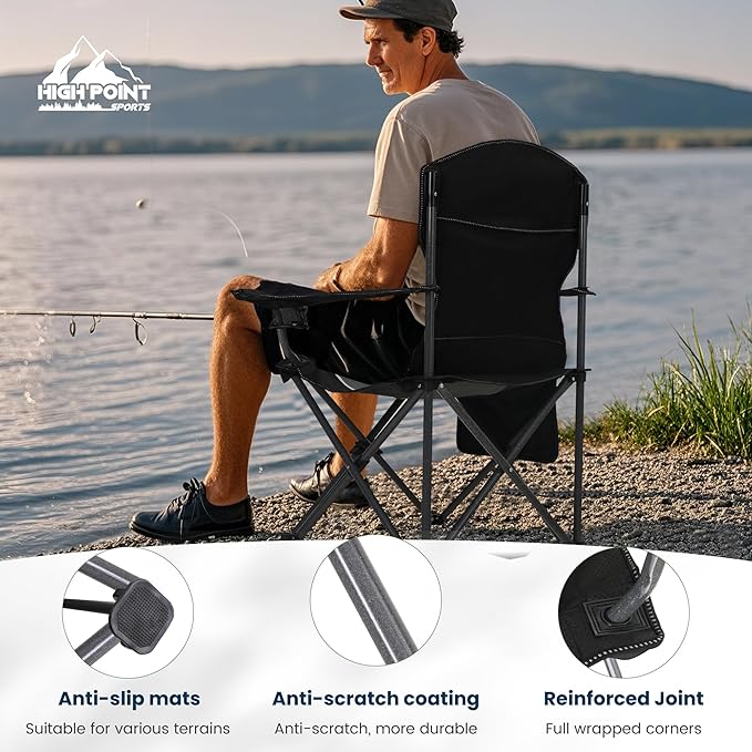 HIGH POINT SPORTS Portable Camping Chair, Heavy Duty Outdoor Folding Chair with Armrest, Foldable Camp Chair with Cup Holder, Portable Lawn Chair for Adults Support 350 LBS, Blue-Gray