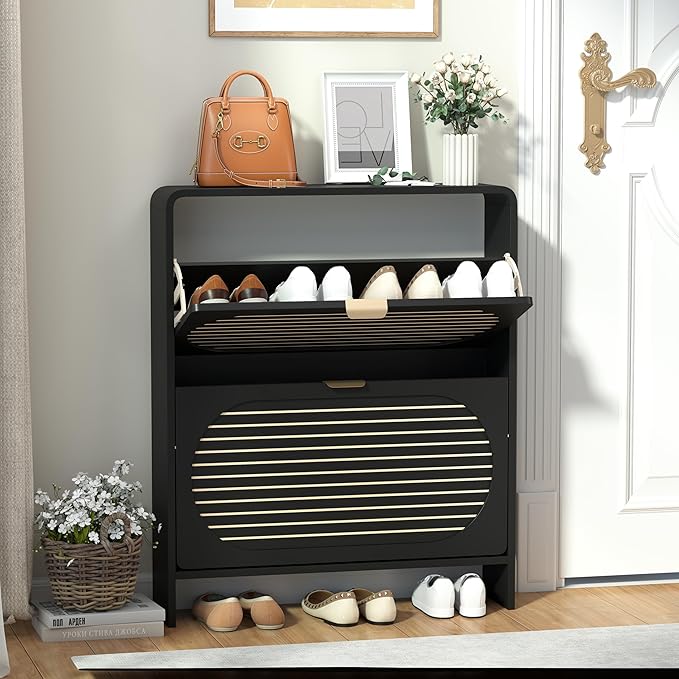 Wood Shoe Storage Cabinet with 2 Flip Drawer, Mid-Century Modern Shoe Cabinet Arched Fluted Pattern, Hidden Narrow Curved Corner Shoe Organizer for Entryway, Living Room (Black, No-Divider)