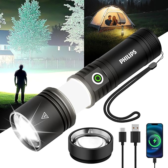 Philips Flashlights High Lumens Rechargeable with Ignition Lens,2500lm Tactical Flashlights with Camping Lamp,2 Colors Zoomable 5Modes Reverse Charging LED Bright Flashlight for Home Outdoor Gift