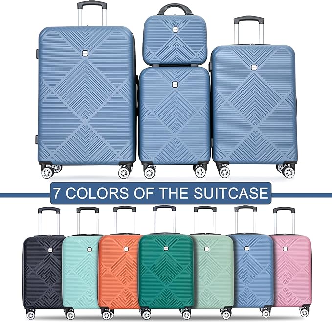 Luggage 4 Piece Set, Hardshell ABS Suitcase Set with Double Spinner Wheels, Lightweight Suitcase, Carry On and Checked Travel Luggage, Dark Blue