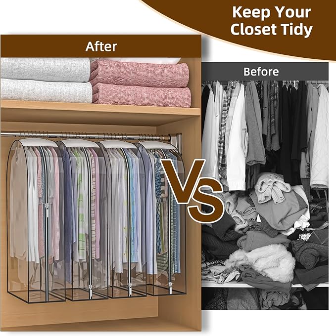 Upgraded Thickened Clear Garment Bags for Hanging Clothes 4 Packs, 10“ Gusseted Clothes Hanging Storage Bags for Closet, Shirts, Coats, Dresses (60 inch)