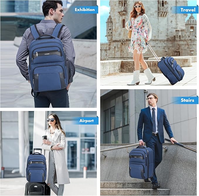 17.7inch Rolling Backpack With Wheels for Adults, Roller Carry On Luggage Wheeled Backpack, Rolling Laptop Backpack for Men Women to Travel Business, Blue