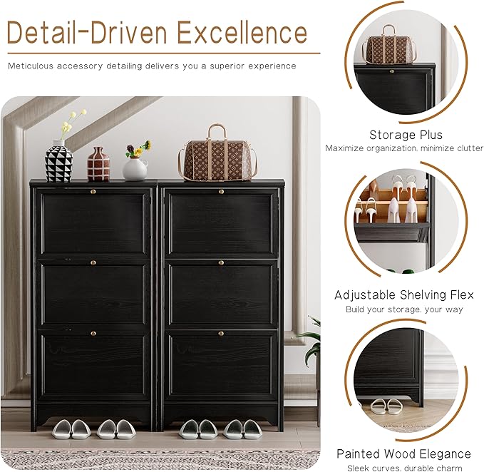 Chogori 3-Tier Shoe Cabinet – Solid Wood Entryway Shoe Storage Organizer with Flip-Up Doors, Adjustable Shelves – Narrow Freestanding Shoe Cabinets for Hallway – Space-Saving Design (2, Onyx Black)