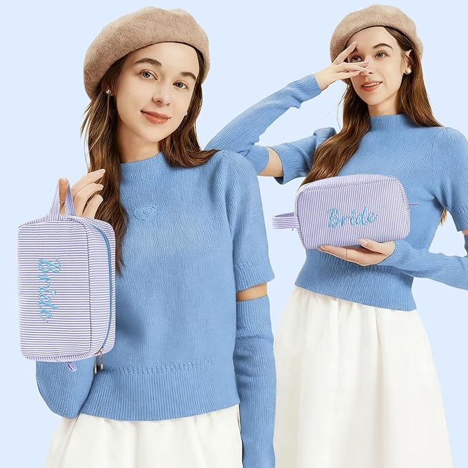 Etercycle Bride Makeup Bag, Blue Striped Cosmetic Bag Embroidery Bridal Shower Gifts, Large Travel Make Up Bags with Inside Pockets Toiletry Bag for Women Wedding Engagement Bachelorette Party