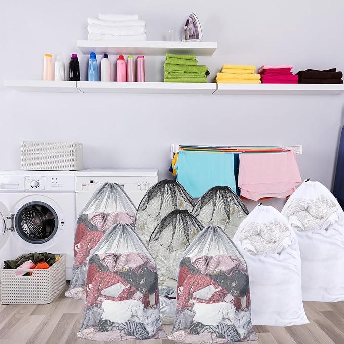 Berlune 30 Pack Large Mesh Laundry Bags, 24 x 36 Inch Bulk Wash Set with Drawstring for Commercial Use, Dorms, Vacation Rentals, Laundromats, Apartments & Facilities(White, Black, Gray)
