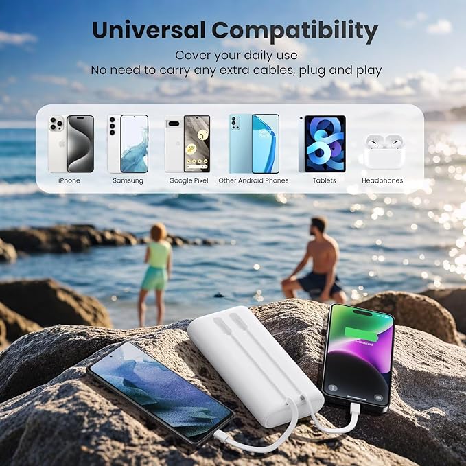 Upgraded Portable Charger 40800mAh Power Bank - Portable Battery with 2 Built in Cables,PD 25W USB C Fast Charging Battery Pack Compatible with iPhone 17 16 15 14 13 Android Phone etc-White