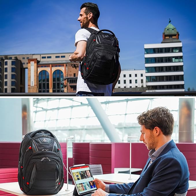 Swissdigital Design Travel Backpack for Men with Finder(color random), TSA Friendly USB Charging RFID Protection Business Backpack Fits 15.6" Laptops Black | J14BT013-BR