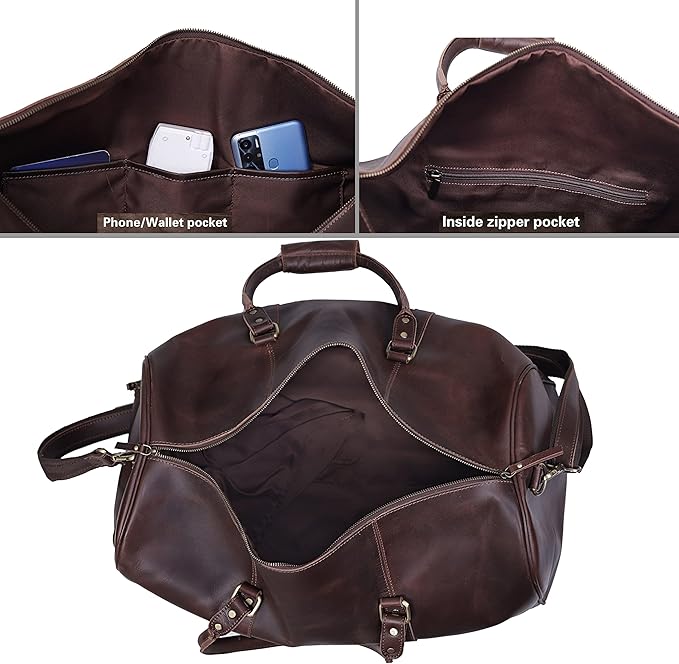 Leather Travel Bag,Weekender Overnight Bag Leather Large Carry On Bag Travel Tote Duffel Bag for Men & Women (Dark Brown)