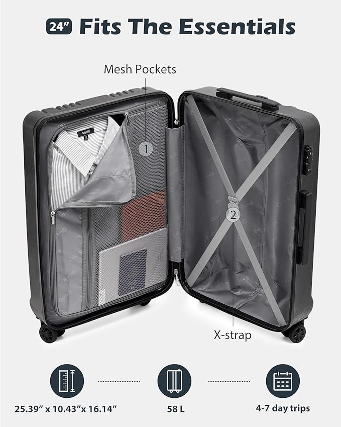 Coolife Luggage PC+ABS Hardshell Suitcase with TSA Lock, Spinner Checked Lightweight (sliver, M(24IN))