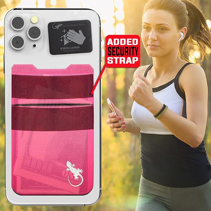 Gecko Travel Tech Double Pocket - Adhesive Card Holder - Cell Phone Pouch - Stick on Spandex Pocket - Carry Credit Cards and Cash (PINK-WHITE)