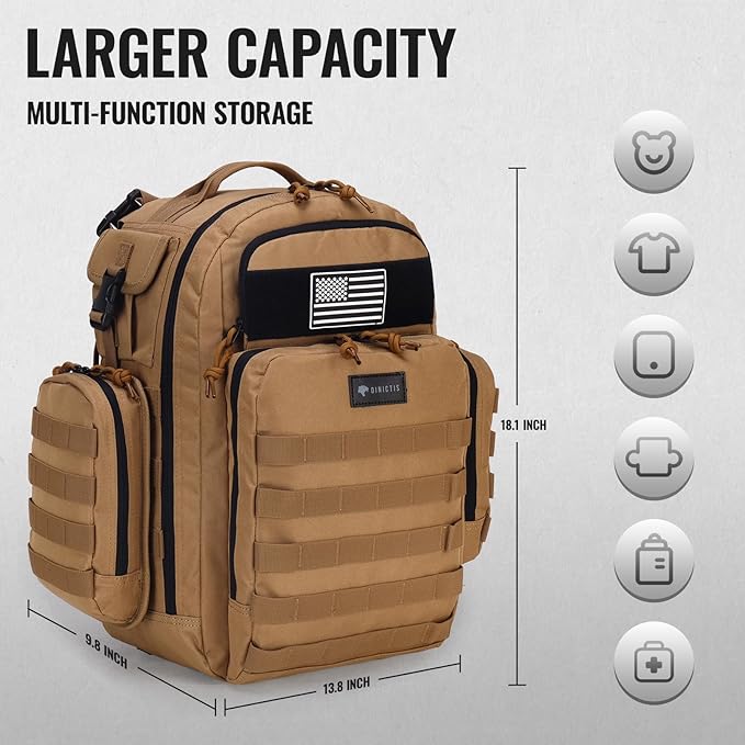 Dinictis Dad Diaper Bag, Mens Diaper Bag Backpack with Diaper Changing Mat, Military Diaper Backpack with Molle Webbing, Waterproof Pouch, Baby Wipes pocket, Insulated Bottle Pockets- Jungle Brown
