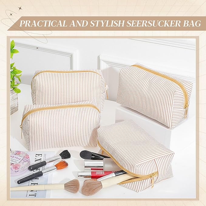 Sanwuta 6 Pcs Seersucker Cosmetic Bags Bulk Seersucker Makeup Bags Stripe Women Pouch Large Preppy Storage Pouch Toiletry Travel Organizer for Wedding Bridesmaid Bride Favor Mom Gift (Khaki)