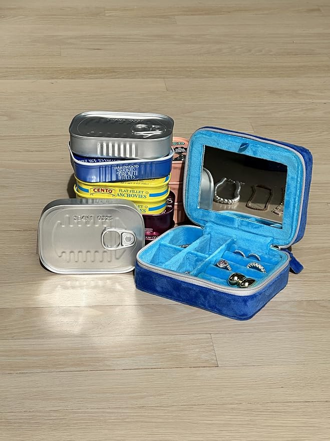 Living Royal Jewelry Travel Case – Portable Box with Mirror and Zipper for Rings, Necklaces, Earrings, Bracelets (Sardine)